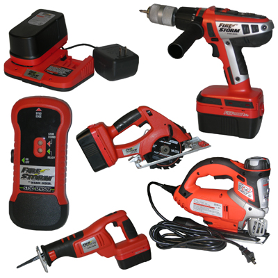 BLACK & DECKER® Firestorm® Power Tool Kit - 24 volt tool set features 5 great tools: cordless drill with hammer action, cordless circular saw with sight line window, cordless reciprocating saw, jig saw and stud sensor. Dual port charger is also included.